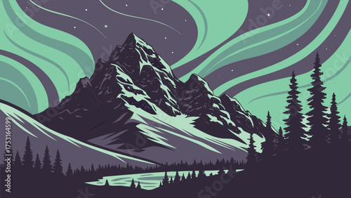 Illustration of a mountain range with snow under a green aurora borealis and pine trees at the bottom