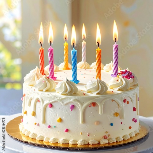 Delicious Birthday Cake with Colorful Candles and Frosting