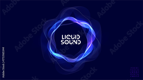 Liquid sound line, audio bass beat waveform, circular wave ring, radial glow equalizer pulse, round soundwave volume with futuristic font logo alphabet for radio dj, edm, podcast. Vector illustration