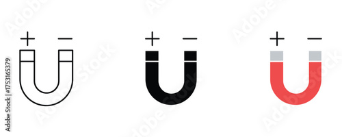 Magnet icon set vector on white background. pole, positive, negative, magnetic, attraction, science, physics, force, field, iron, steel, metal, symbol.