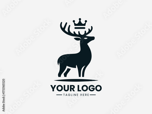 Deer and crown vector logo showing majestic forest animal symbol of strength and royalty