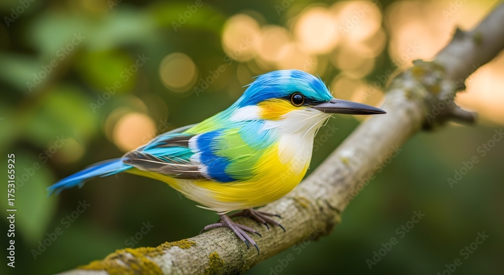 Obraz premium A vibrantly colored bird with striking plumage perched upon a lichen-covered branch in the forest.
