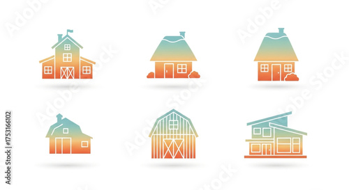 Collection of six gradient farm and house icons, showcasing a variety of architectural styles and rural charm