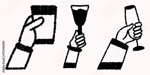 Adorable hand drawn crayon doodle style vector set of hands holding cups and beverage glass