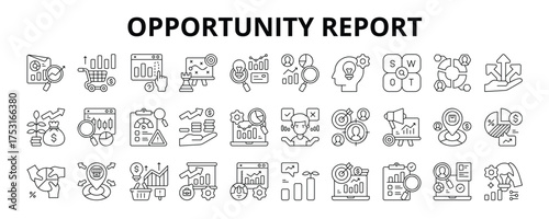 30 Opportunity Report Line Icons Vector - Forecast, Competitor Analysis, Potential, Segmentation, Opportunities, Investment, Profitability, Outcome, Demand