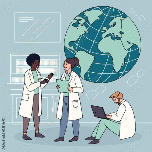 Scientists collaborating with globe and laptop in a research environment discussing findings together