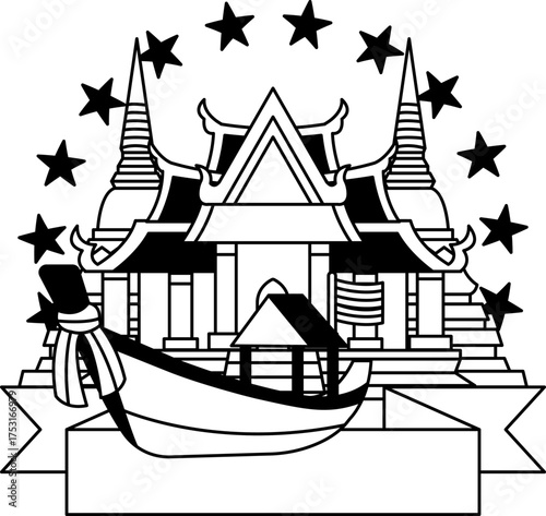 black and white logotype of a Long-tail boat are in front of the temple