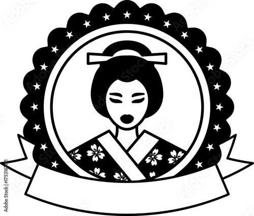 black and white logotype of A woman with a flower patterned kimono