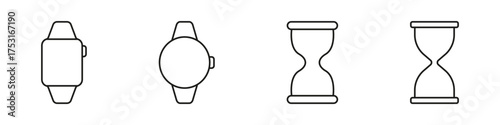 Smartwatch And Hourglass Line Icon Set. Time Management, Digital And Traditional Timekeeping Outline Symbol. Modern And Classic Time Tracking. Editable Stroke. Isolated Vector Illustration