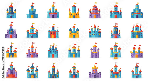 A whimsical collection of colorful cartoon castle illustrations, each unique in design, evoking a sense of fairytale magic and enchantment