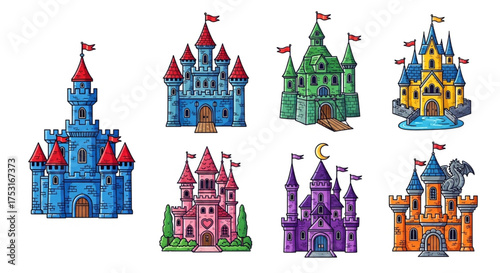 A set of handdrawn fairytale castle illustrations, each with unique architectural details, evoking a sense of wonder and fantasy