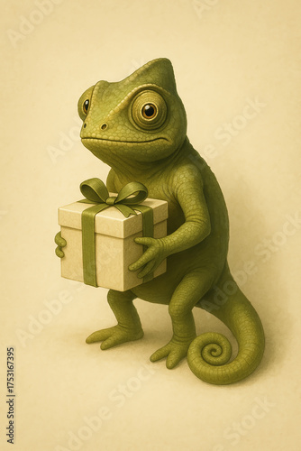 Semi-Realistic Raccoon Mascot Holding Gift Box, Chameleon Mascot with Generic Present, 3/4 View, Minimal Background