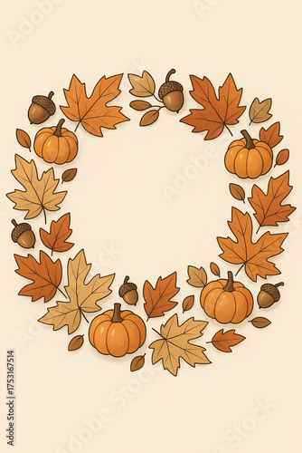 Top-Down Autumn Wreath Frame — Maple Leaves, Acorns, Mini Pumpkins, Center Copy Space