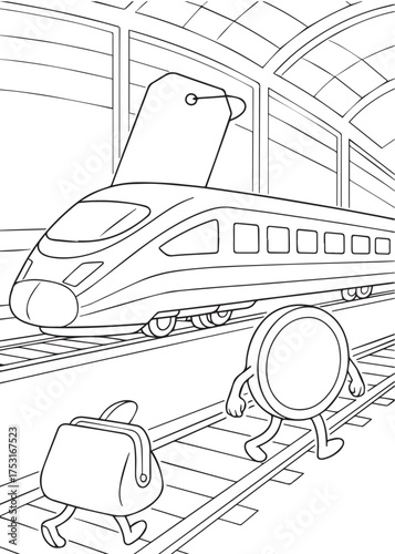 coloring book high speed train with price tag and wallet character on track inflation travel theme