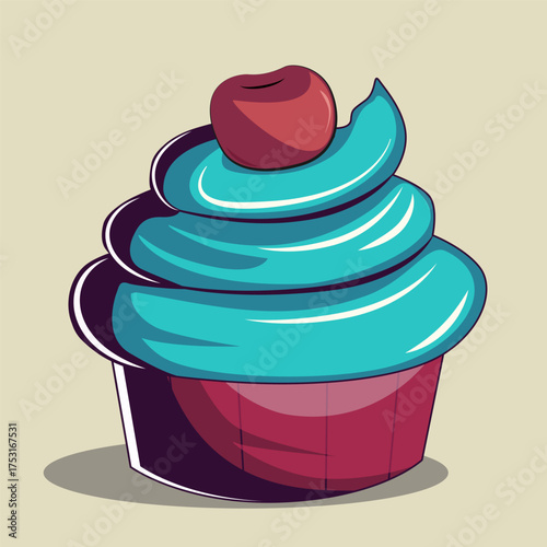 Hand-drawn cherry cake. Blue cake on a light background. Design for a splash screen, background, cover, or icon for a confectionery ad.