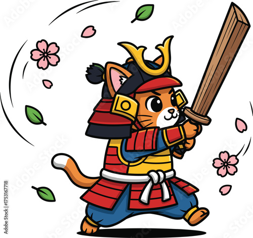 Cute cartoon cat dressed as a samurai warrior holding a sword
