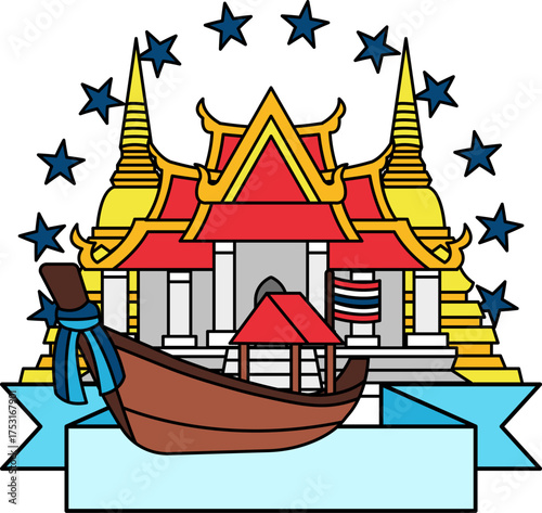 logotype of a Long-tail boat are in front of the temple
