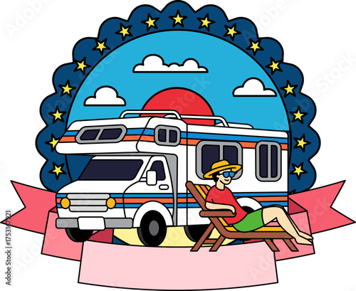 logotype of a Man sitting on a beach chair with a camper van