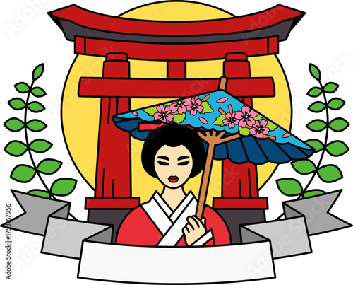 logotype of A Japanese woman wearing a kimono stands in front of the torii gate