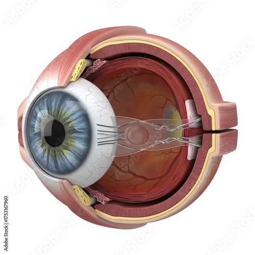 Detailed anatomical cross-section of the human eye showing its internal structures and components.