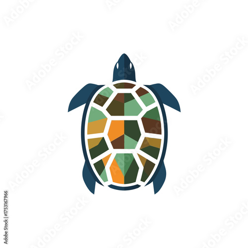 Stylized sea turtle icon with a colorful geometric shell pattern.