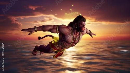 Lord Hanuman Flying Over Ocean During Sunset.