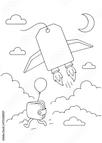 coloring book rocket shaped price tag flying with wallet and coin symbolizing fast inflation