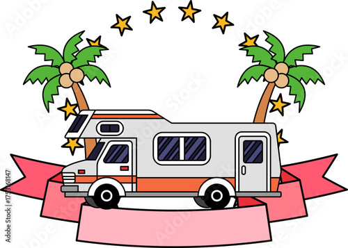 logotype of a camper van and coconut trees