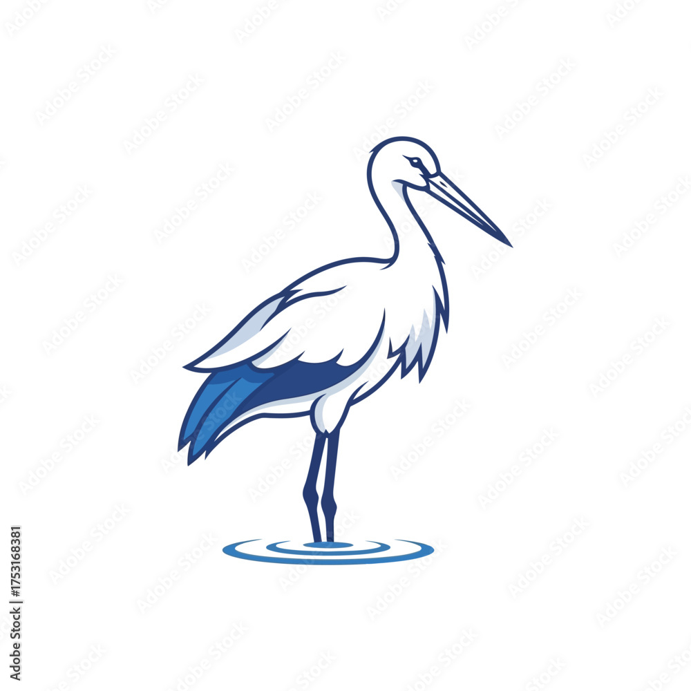 Obraz premium A detailed illustration of a white stork standing in water, with blue accents on its wings.