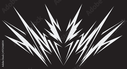 High-Contrast White Lightning on Black,Dynamic Geometric Spike Graphic,Modern Aggressive Abstract Icon,Symmetrical Abstract Energy Burst Decal