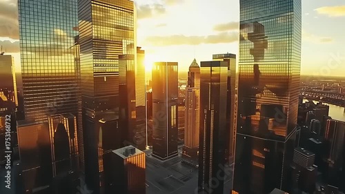Aerial Cinematic View of a Modern Cityscape at Golden Hour, Sunrays Reflecting on Glass Facades