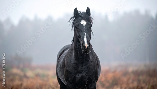 Photograph of a black horse standing in a misty, foggy field. The horse, facing left, has a sleek, shiny coat and a strong, muscular build. The background is a blurred mix of muted greens and browns, 