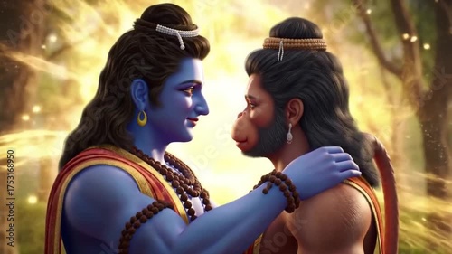 Lord Rama embraces Lord Hanuman in a divine spiritual moment.