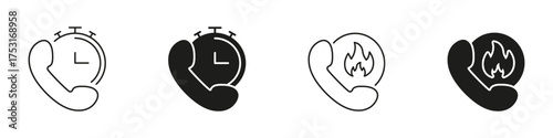 Phone With Stopwatch And Fire Solid Icon Set. Urgent Call Timing And Emergency Communication Silhouette Symbol Collection. Time-Sensitive And Critical Response. Isolated Vector Illustration
