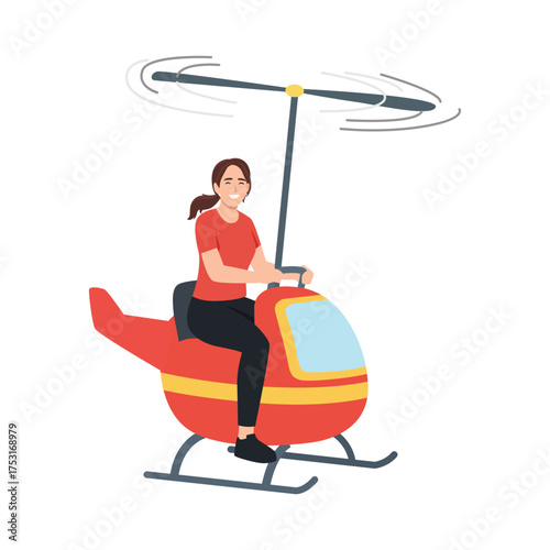 Woman flying a small red helicopter with yellow stripe and rotating blades. Flat vector illustration isolated on white background