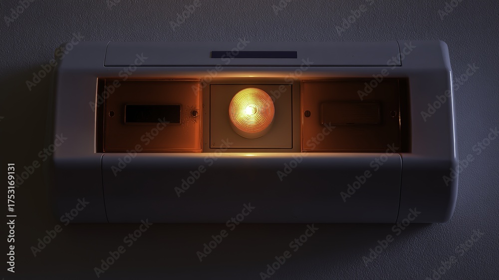 Fototapeta premium Close-up of a wall-mounted device with illuminated circular element and dark panels