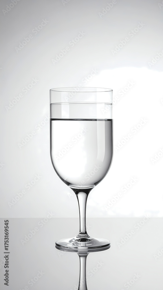 Obraz premium Elegant Minimalist Crystal Clear Water Glass Stemware on Reflective Surface