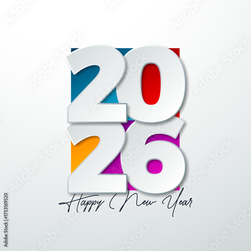 Happy New Year 2026 Logo Design with Paper Cutting Number and Colorful Elements on White Background. Christmas Holiday Greeting Card Illustration with Typography Lettering for Calendar, Flyer, Banner