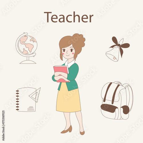Teacher. Cute vector alphabet "Profession." Educational game for children, visual aid.
