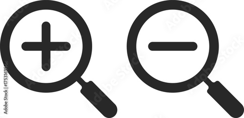 zoom in and zoom out icon set. Search icon with plus and minus sign. Magnifier glass sign with zoom in out symbols 