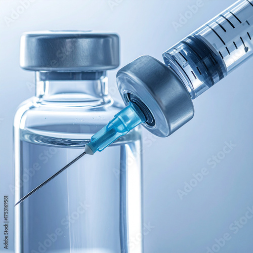 Medical syringe and vaccine vial with clear liquid on blue background