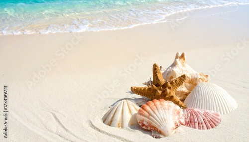 This photograph captures a serene beach scene. In the foreground, a cluster of assorted seashells, including starfish, scallop shells, and conch shells, lies on the pristine, pale beige sand. The shel