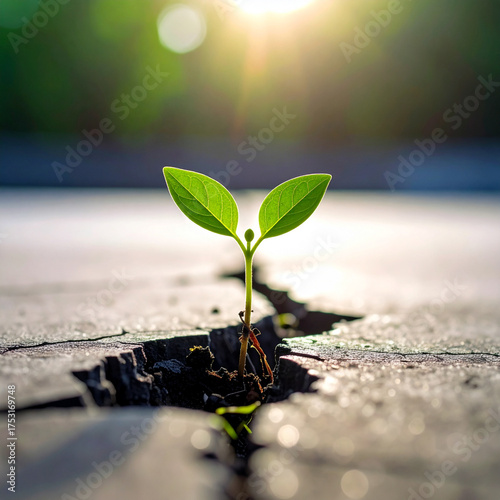 Green plant sprouting through cracked concrete symbolizing resilience