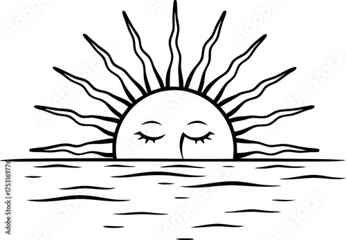 Peaceful sun with closed eyes rising over calm water, line art illustration of tranquil sunrise and waves