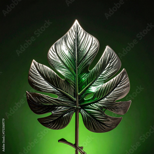 Metallic monstera leaf illuminated with green light on dark background