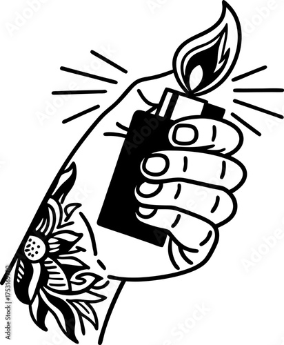 Hand holding lighter with flame, bold tattoo design black and white line art, flower forearm, vintage retro style, energy concept