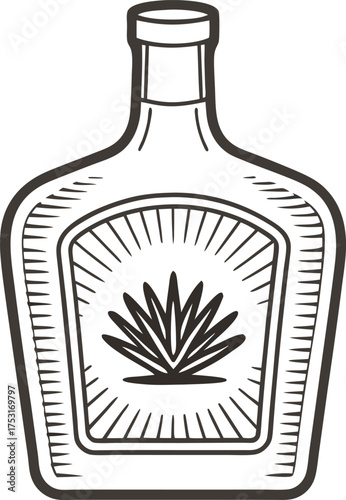 Agave tequila bottle illustration hand drawn glass container with stylized agave plant, vintage liquor bar icon