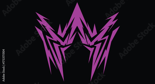 High-Contrast Dynamic Purple Magenta Lightning Bolt Archway Design,Futuristic Geometric Emblem of Power and Aggression with Vector Styling,Symmetrical Abstract Crown of Energy Graphic on Black