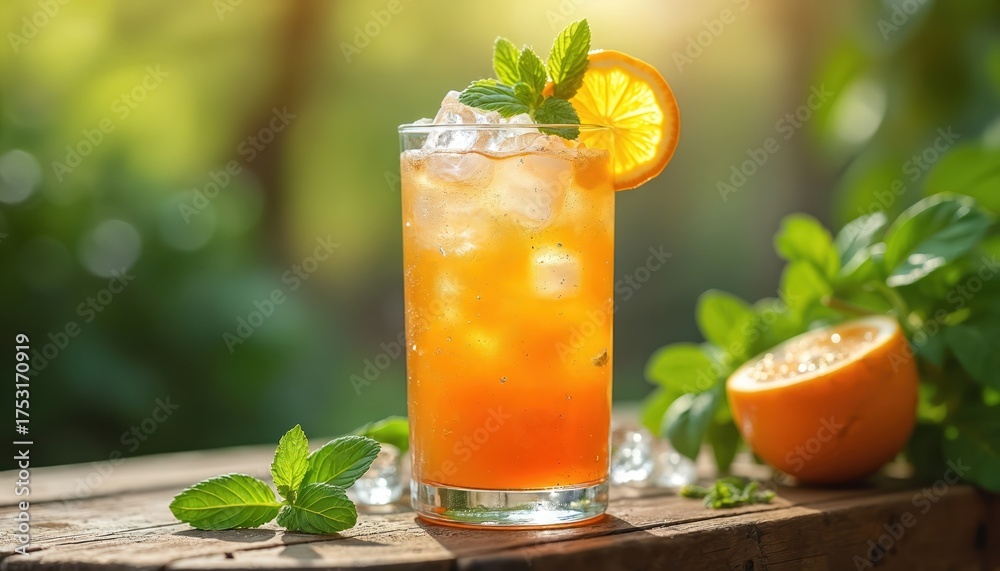 Fototapeta premium Refreshing orange cocktail in glass with ice cubes fresh mint leaves and orange slice. Chilled summer drink stands on wood table with green background in sunlight.