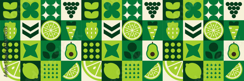 Swiss design with fruit and vegetable mosaic pattern for green background.